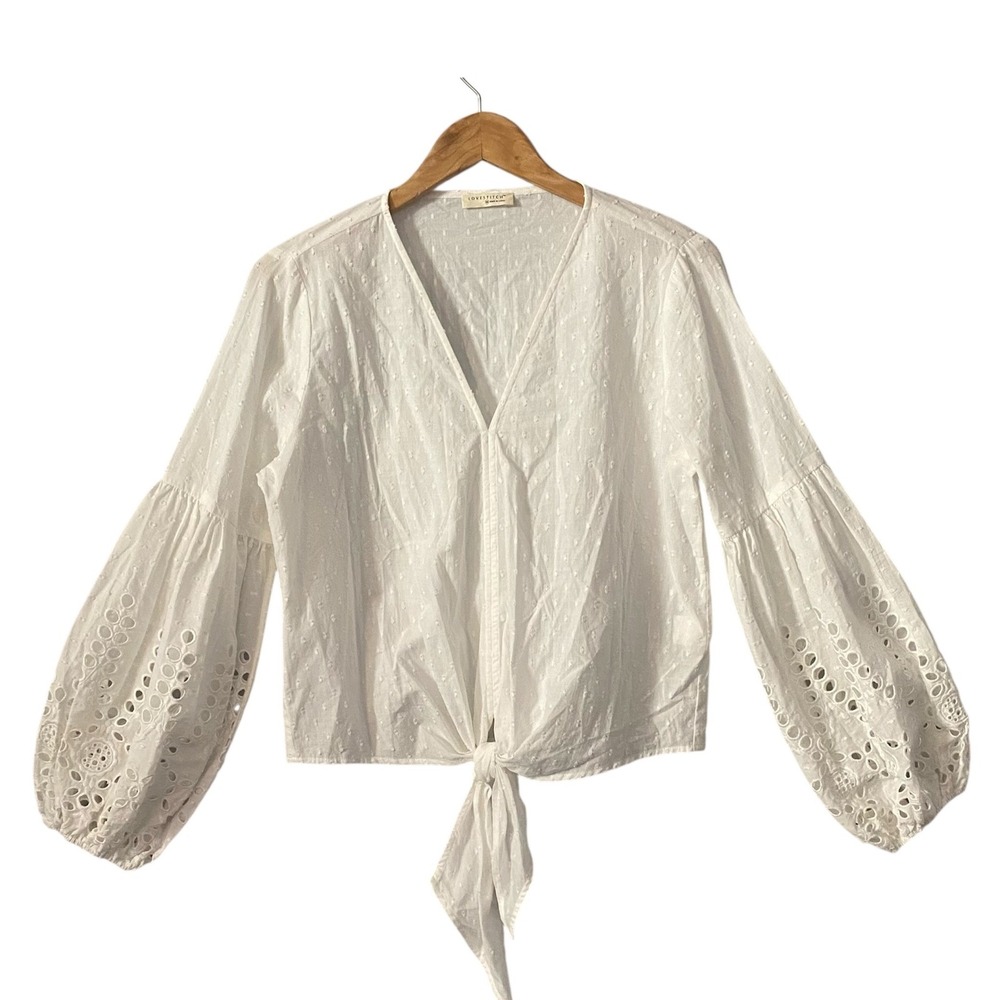 Lovestitch‎ Womens White Swiss Dot Eyelet Balloon Sleeve Tie Front Blouse Medium